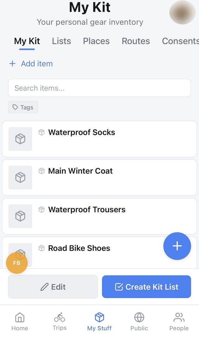 My Kit screen listing personal gear items