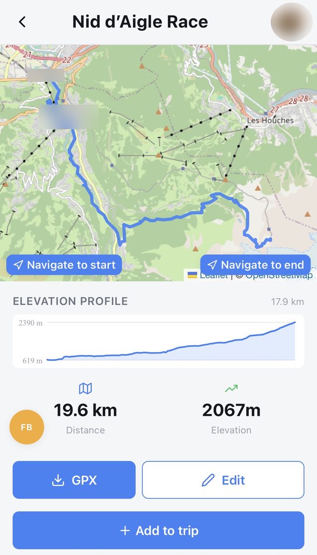 Route detail screen with a mapped GPX track and elevation profile