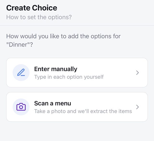 Create choice screen offering to scan a menu to extract options