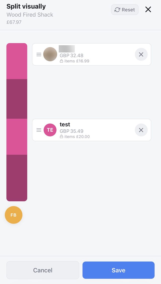 Visual expense splitting screen dividing a bill between trip members